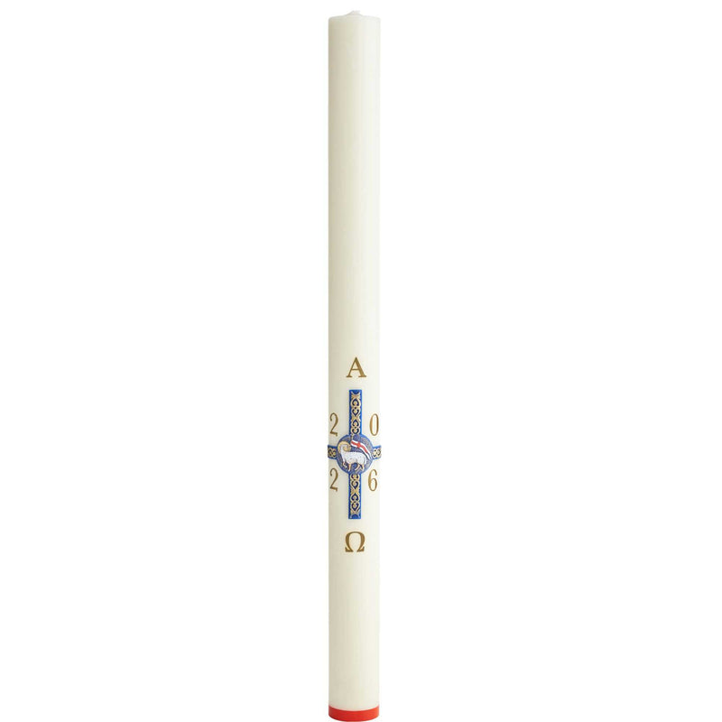 Cierge Pascal au décor Croix Agneau Pascal est disponible en 2 diamètres et 3 hauteurs, cire d'abeille et classique. Ciergerie Desfossés