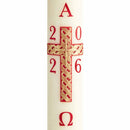 Cierge Pascal Croix broderie liturgique - Cire classique ou abeille. Décor en cire patiné et peint à la main avec relief. Disponible en différentes hauteurs (80 cm / 100 cm / 120 cm), diamètres (7 cm / 8 cm / 9 cm) et qualités de cire (classique et 30% cire d'abeille). Ciergerie Desfossés