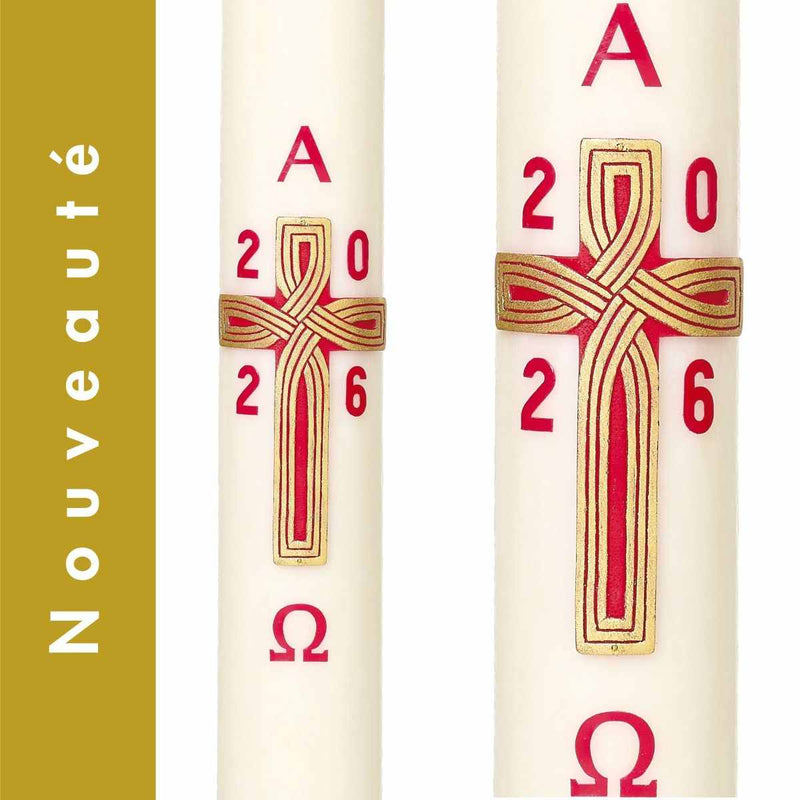 Cierge de Pâques décor Croix Chemin de Vie. Ornement en cire patiné et peint à la main avec relief. Nouveauté 2026. Ciergerie Desfossés