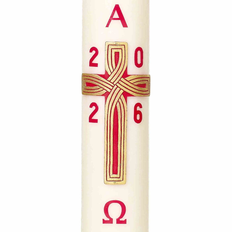 Cierge de Pâques Croix Chemin de Vie, décor, fabrication artisanale. Nouveauté 2026. Ciergerie Desfossés