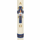 Cierge de Pâques Croix Christ Miséricordieux, décor patiné et peint à la main. Cire classique ou cire d'abeille. Millésime 2026. Ciergerie Desfossés