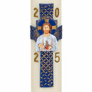 Cierge pascal Croix Christ Miséricordieux, détail du décor fabriqué en relief, patiné et peint à la main. Cire d'abeille et cire classique. Millésime 2026. Ciergerie Desfossés