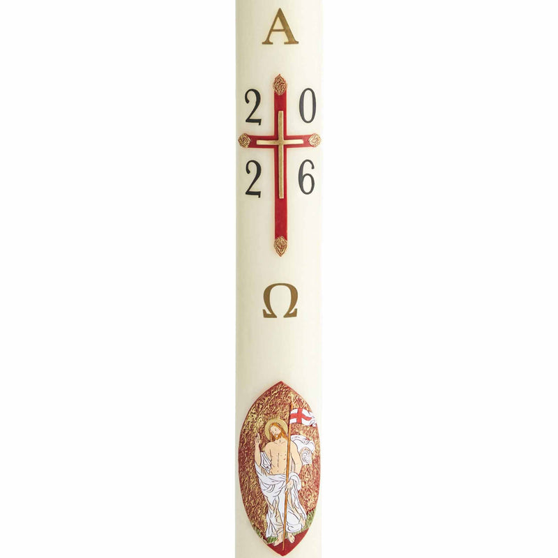 Cierge Pascal décor Croix Christ Ressuscité Décor en cire patiné et peint à la main avec relief. Disponible en différentes hauteurs (80cm / 100 cm / 120 cm) et qualités de cire (classique et 30% cire d'abeille). Ciergerie Desfossés
