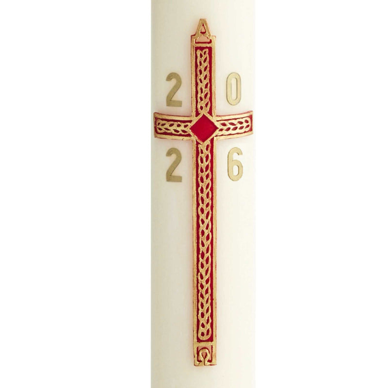 Cierge Pascal Croix Epi - Cire classique ou abeille. Décor fabrication artisanale française en cire patiné, en relief, peint à la main. Disponible en différentes hauteurs et diamètres. Ciergerie Desfossés