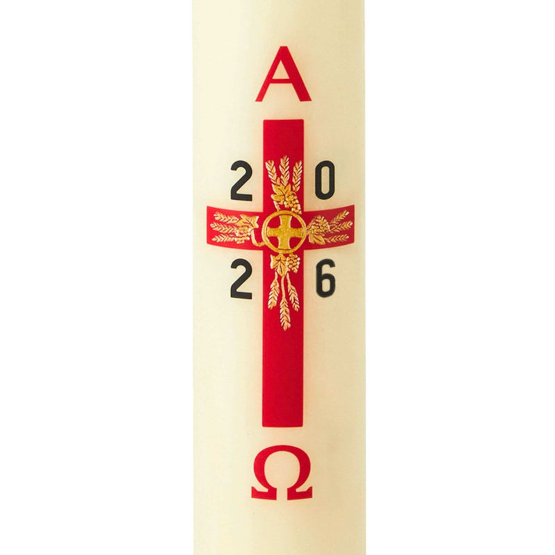 Cierge pascal Croix Epis et Vigne décalcomanie - Série limitée cire classique ou abeille. Disponible en différentes hauteurs (80 cm / 100 cm / 120 cm), diamètres (5.5 cm / 7 cm / 9 cm). Ciergerie Desfossés