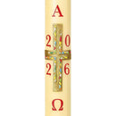 Cierge Pascal décor Croix Espérance. Ornement en cire patiné et peint à la main avec relief. Plusieurs hauteurs et diamètres. Avec Alpha et Oméga. Cire classique, cire d'abeille 30%. Ciergerie Desfossés R2F; 20