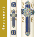 Cierge Pascal décor Croix Exultet. Ornement en cire patiné et peint à la main avec relief. Nouveauté 2026. Ciergerie Desfossés