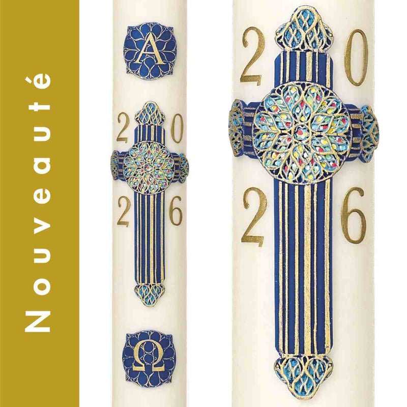 Cierge Pascal décor Croix Exultet. Ornement en cire patiné et peint à la main avec relief. Nouveauté 2026. Ciergerie Desfossés