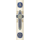 Cierge Pascal décor Croix Exultet. Ornement en cire patiné et peint à la main avec relief. Plusieurs hauteurs et diamètres. Avec Alpha et Oméga. Cire classique, cire d'abeille 30%. Ciergerie Desfossés réf.2