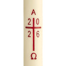 Cierge pascal Croix Gravée, cire d'abeille. Décor et ornement creusée et peinte à la main. Focus décor. Ciergerie Desfossés réf. 1