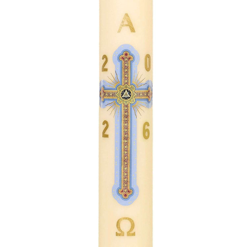 Cierge Pascal décor Croix Pontmain cierge cire classique ou abeille. Ornement décalcomanie Ciergerie Desfossés