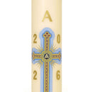 Cierge Pascal décor Croix Pontmain cierge de Pâques en cire classique ou abeille. Détail ornement décalcomanie Ciergerie Desfossés