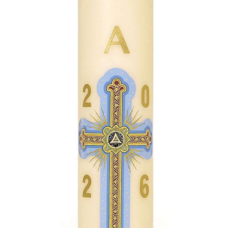 Cierge Pascal décor Croix Pontmain cierge de Pâques en cire classique ou abeille. Détail ornement décalcomanie Ciergerie Desfossés