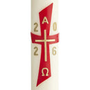 Cierge de Pâques décor Croix Rouge réalisé, peint à la main. Cire classique ou abeille. Disponible en différentes hauteurs et diamètres. Ciergerie Desfossés