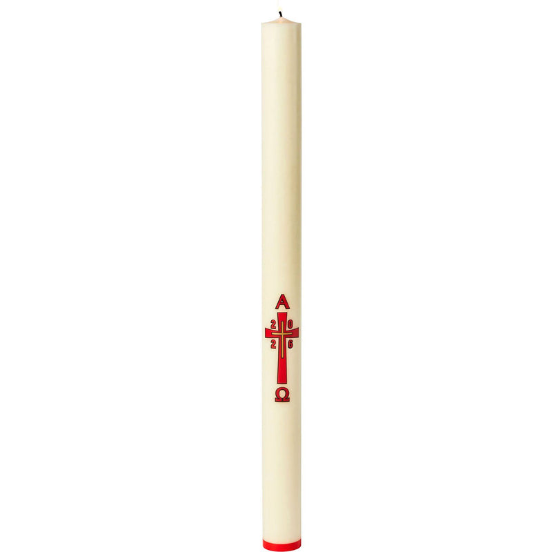 Cierge Pascal Croix Rouge et Or en décalcomanie. Cierge de Pâques fabrication artisanale  en cire d'abeille ou cire classique. Ciergerie Desfossés