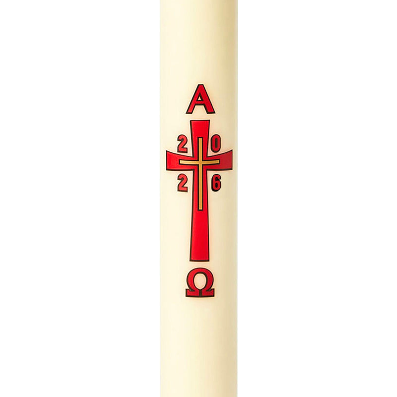 Cierge Pascal décor Croix Rouge et Or décalcomanie - Série limitée cire classique ou abeille. Disponible en différentes hauteurs (80 cm / 100 cm / 120 cm), 4 diamètres et 3 hauteurs.  Cire classique et 30% cire d'abeille Ciergerie Desfossés