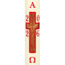 Cierge Pascal avec décor Croix Soleil réalisé, peint et patiné à la main en relief. Confectionné en cire d'abeille ou classique. Ciergerie Desfossés