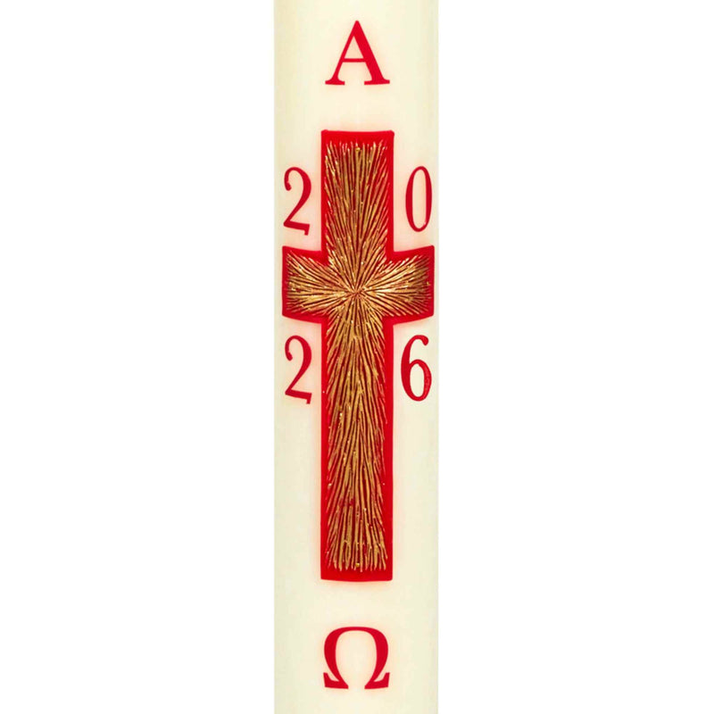 Cierge Pascal avec décor Croix Soleil réalisé, peint et patiné à la main en relief. Confectionné en cire d'abeille ou classique. Ciergerie Desfossés