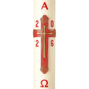 Cierge Pascal avec décor Croix Trinité patiné, peint à la main avec relief cire d'abeille ou cire classique. Ciergerie Desfossés.