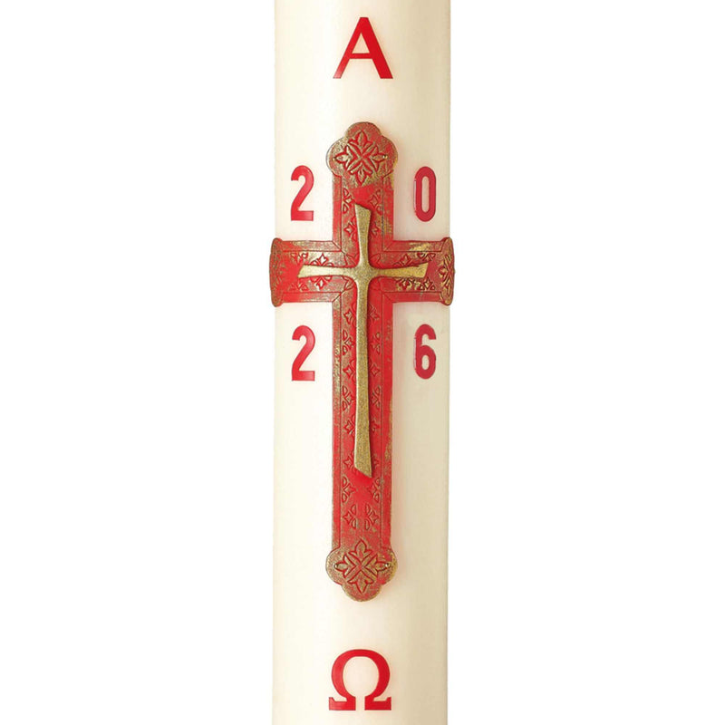 Cierge Pascal avec décor Croix Trinité patiné, peint à la main avec relief cire d'abeille ou cire classique. Ciergerie Desfossés.