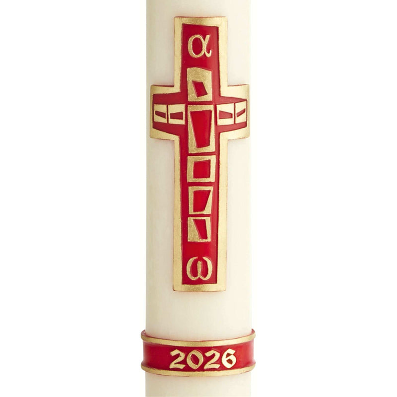 Cierge Pascal décor Croix Vitrail - Cire classique ou abeille. Décor en cire, en relief, peint à la main. Ciergerie Desfossés