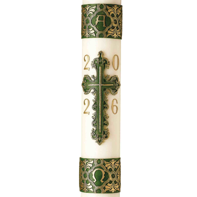 Cierge de Pâques décor Croix du Sauveur fabriqué à la main, patiné et peint à la main. Ciergerie Desfossés