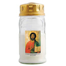 Veilleuse votive, lampe de sanctuaire -cimetière Pantocrator en verre avec capuchon  Utilisation intérieure et extérieure  Impression "Je suis la résurrection et la vie"  et prière de Saint Augustin. Durée de combustion 42 h  Dimensions Ø 6.7 cm H 16 cm Ciergerie Desfossés