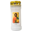 Lampe de cimetière, effigie Christ Pantocrator. Bougie votive plastique recyclable godet transparent Combustion 55h. Capuchon de protection usage int/extérieur Toussaint, défunts. Ciergerie Desfossés