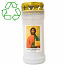 Lampe de cimetière, Christ Pantocrator. Bougie Toussaint, défunts plastique recyclable godet transparent Combustion 55h. Capuchon de protection usage int/extérieur. Ciergerie Desfossés