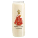 Bougie de neuvaine Enfant Jésus de Prague et mention "Priez pour nous". Neuvaine cire végétale. Ciergerie Desfossés