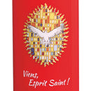Effigie Viens Esprit Saint, colombe aux ailes déployées sur fond vitraillé, neuvaine Ciergerie Desfossés