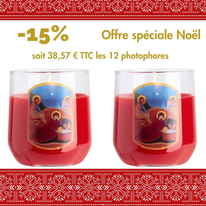 Photophore Nativité, bougie de Noël en cire rouge dans un photophore en verre transparent. Durée de combustion 24 h. Ciergerie Desfossés