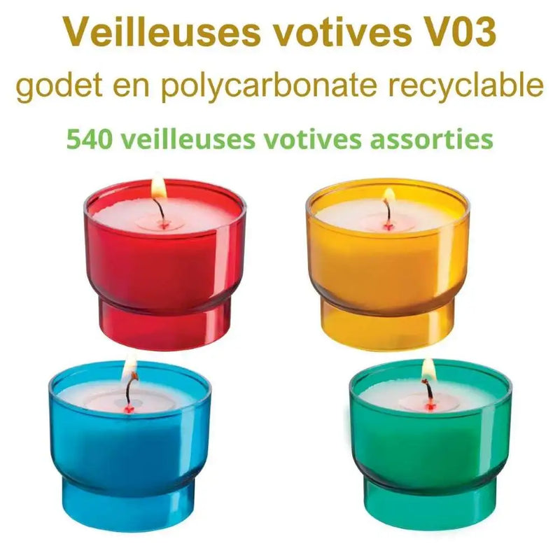 Veilleuse votive V03 4 couleurs assorties. Cire minérale, godet plastique recyclable rouge ambre, bleu, vert. Ciergerie Desfossés