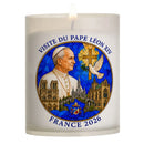 Veilleuse votive commémorative Pape Léon XIV France 2026 avec effigie en médaillon bleu sur contenant 100% naturel Ciergerie Desfossés