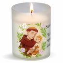 Bougie votive effigie Saint Antoine avec citation. Godet 100% naturel zéro plastique. Durée +/- 20 h. Veilleuse votive Luminat V80 Ciergerie Desfossés