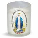Veilleuse votive illustrée, effigie Vierge Marie médaille Miraculeuse . Godet naturel zéro plastique. Durée +/- 20 h. Bougie votive Luminat V80 Ciergerie Desfossés