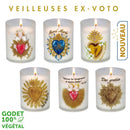 Veilleuses votives Ex-Voto 6 effigies décoratives. Godet végétal sans plastique. Durée +/- 20 h. Bougies d'église Luminat V80 Ciergerie Desfossés.