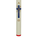Cierge pascal Croix IHS 2027 : monogramme IHS doré sur croix bleue striée d'or, alpha, oméga et millésime