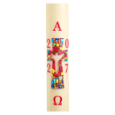 Cierge pascal Croix Joie Résurrection 2027 : croix en mosaïque colorée, Christ en creux, alpha et oméga