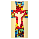 Gros plan de la croix en mosaïque multicolore et or, silhouette du Christ ressuscité en creux