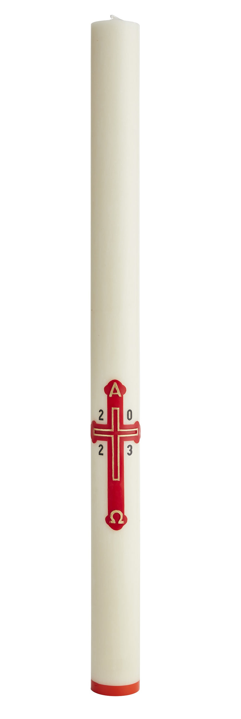 Cierge Pascal avec décoration "Croix Dorée" Décor en cire rouge, en relief, peint à la main. Ciergerie Desfossés