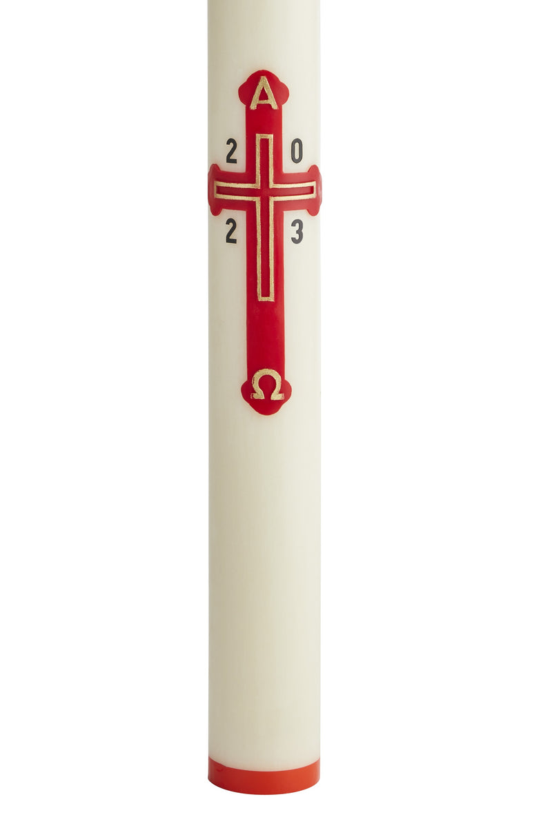 Cierge Pascal avec décoration "Croix Dorée"  Décor en cire rouge, en relief, peint à la main. Disponible en différentes hauteurs (80 cm / 100 cm / 120 cm), diamètres (7 cm / 8 cm / 9 cm) et qualités de cire (classique et 30% cire d'abeille).