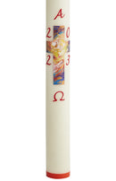 Cierge Pascal "Croix Matin de Pâques" - Cire classique ou abeille. Décor en cire patiné et peint à la main, avec couleurs multiples. Ciergerie Desfossés