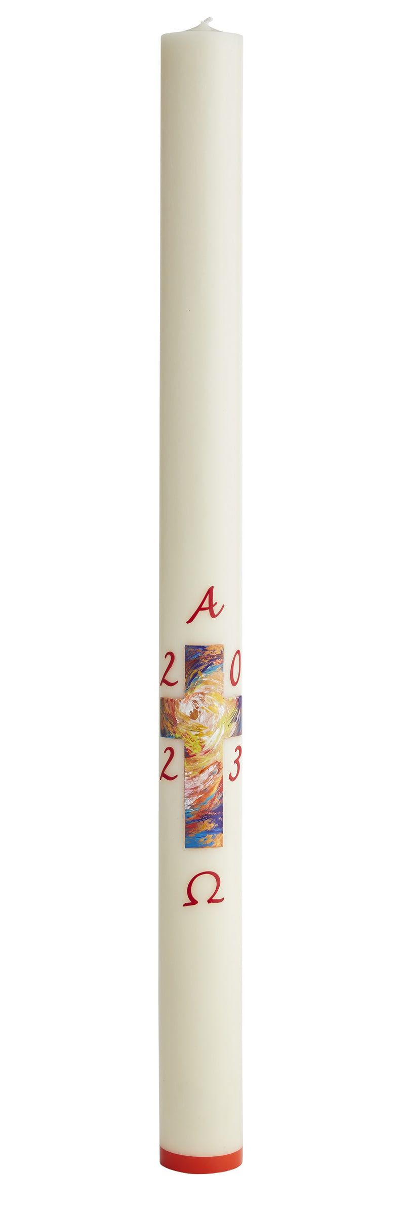 Cierge Pascal avec décoration "Croix Matin de Pâques". Disponible en différentes hauteurs (80 cm / 100 cm / 120 cm), diamètres (8 cm / 9 cm) et qualité de cire (classique et 30% cire d'abeille). Ciergerie Desfossés