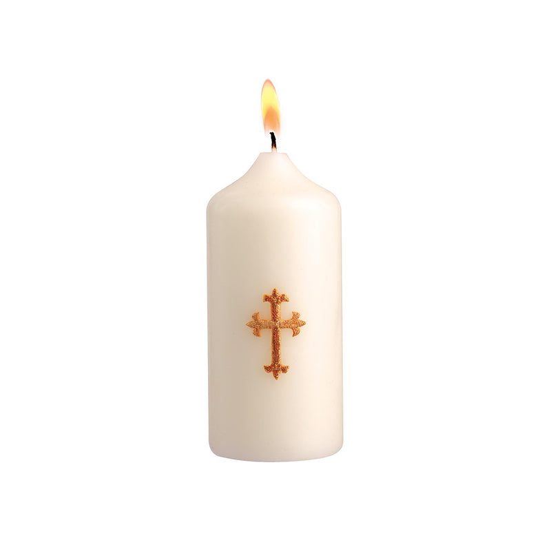 Cierge de baptême blanc cassé décor "Croix grégorienne" brodée or  Ø 5.7 cm H 11 cm.