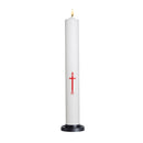 Cierges de baptême avec poignée et rigole percé.  Décor croix "Alpha Oméga"  La rigole est un procédé astucieux d'une durée de 20 minutes environ et qui évite tout désagrément dû à la combustion du cierge.