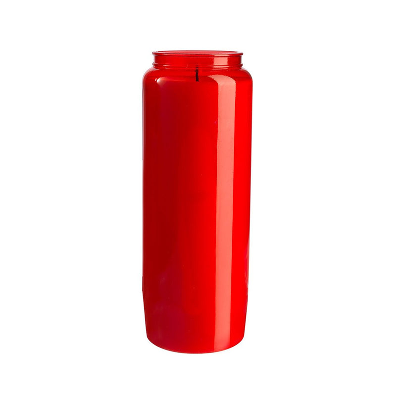 L01 Lampe neuvaine en plastique rouge et cire végétale  Lampe de sanctuaire à combustible végétal solidifié  Ø 6.5 cm H 18 cm 560 g  Combustion +/- 9 jours