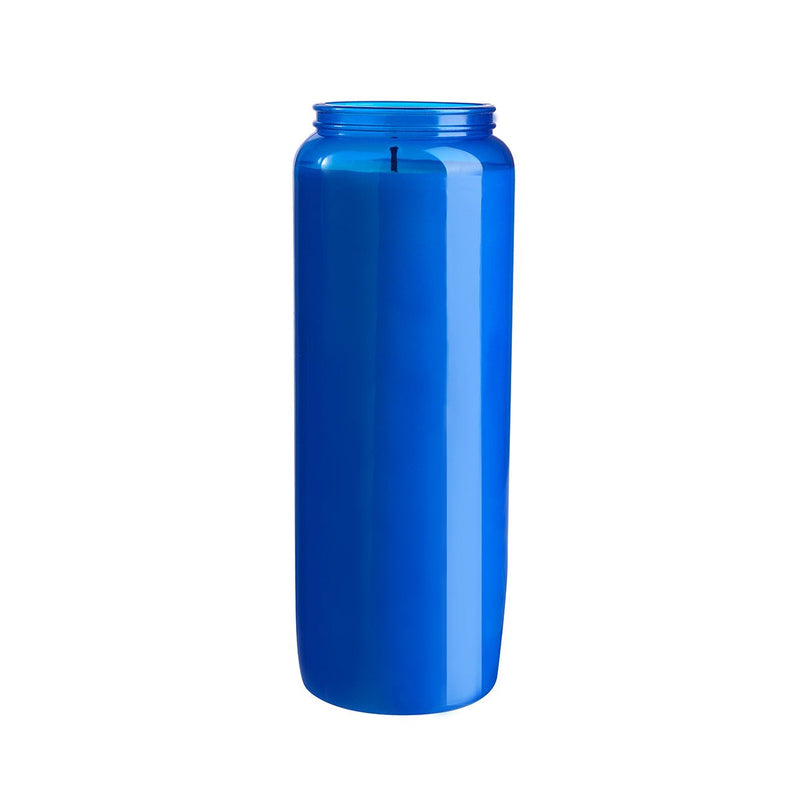 L01 Lampe neuvaine en plastique recyclé bleu et cire végétale  Lampe de sanctuaire à combustible végétal solidifié  Ø 6.5 cm H 18 cm 560 g  Combustion +/- 9 jours