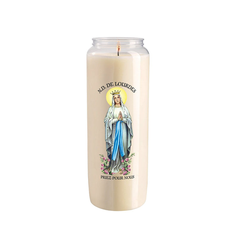 Lampe neuvaine L01 effigie "Notre Dame de Lourdes" cire végétale combustion 6 jours. Godet plastique recyclé. Ciergerie Desfossés