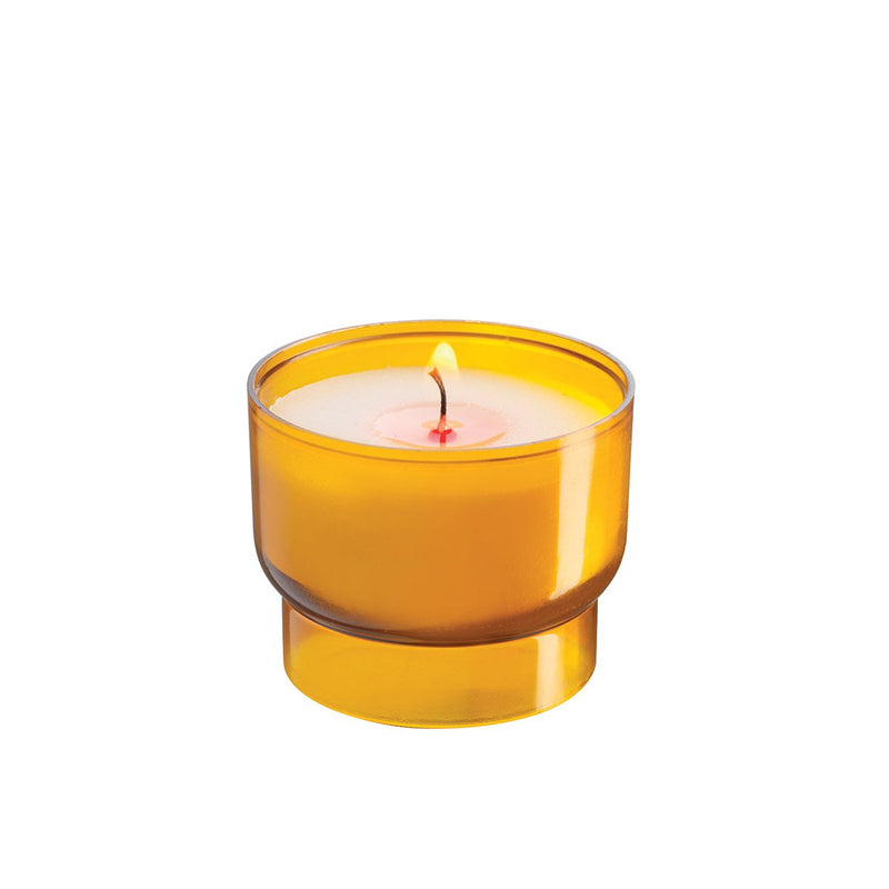 Veilleuse votive V03 Godet tulipe  plastique recyclé coloris ambre. Durée 6h Cire minérale. Hauteur 3.5 cm diamètre 4.3 cm Carton de 540 ou boite de 90 veilleuses. Ciergerie Desfossés